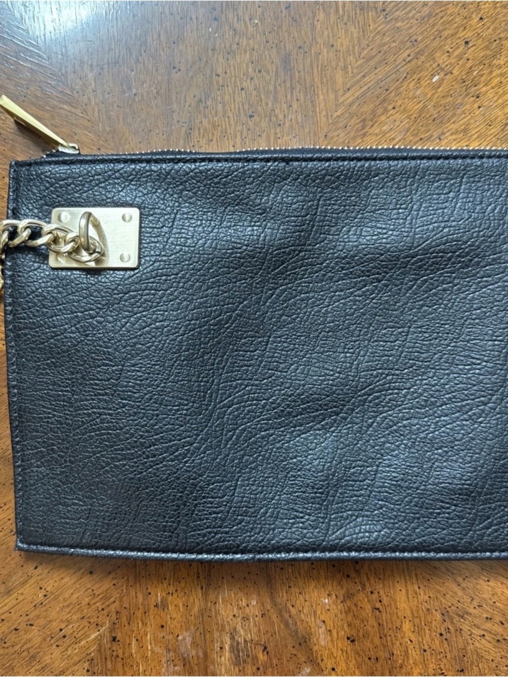 Sondra Roberts Clutch SR2 1980 Black Leather Wristlet with Gold Chain Accent